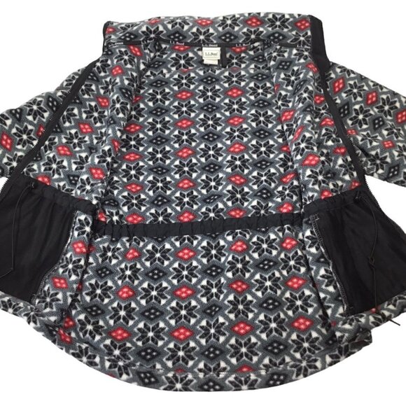 L.L. Bean Fleece Jacket Coat Full Zip Snowflake Adj Waist Pockets Black Red - Picture 8 of 9